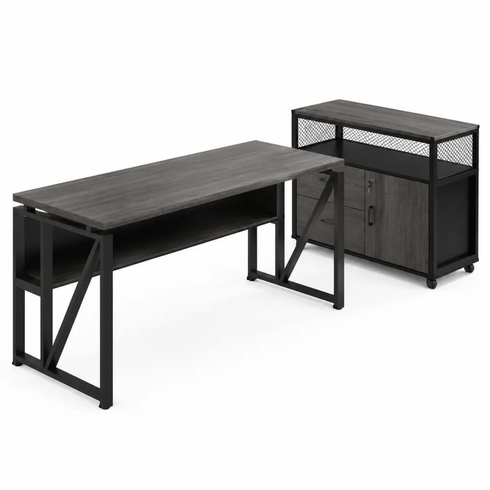 Set Scrivania e Mobiletto in MDF e Metallo