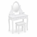 Toeletta con Sgabello in Legno Bianco con Specchio Ovale