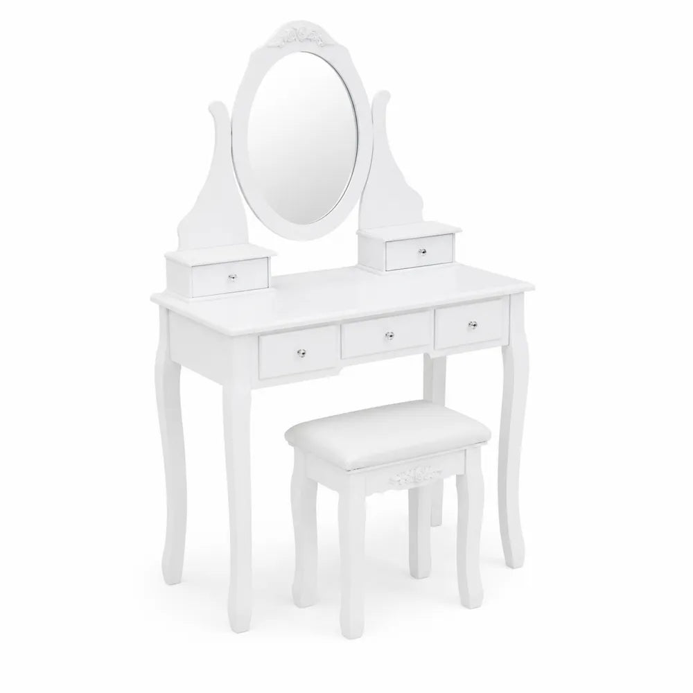 Toeletta con Sgabello in Legno Bianco con Specchio Ovale