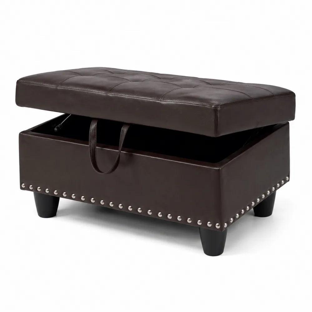 Poggiapiedi contenitore in pelle sintetica marrone con gambe in legno