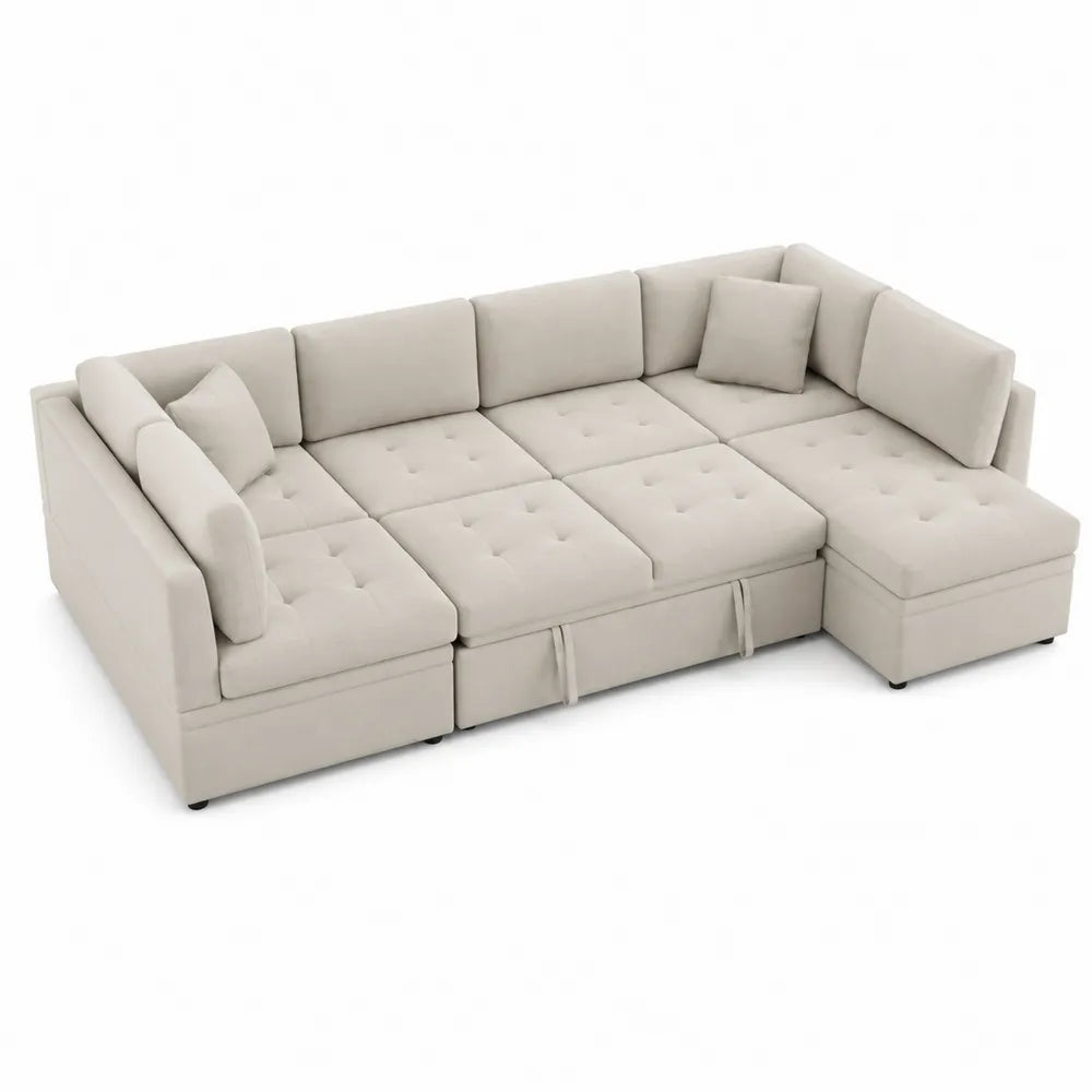 Divano angolare letto in legno compensato e tessuto di poliestere beige con cuscini