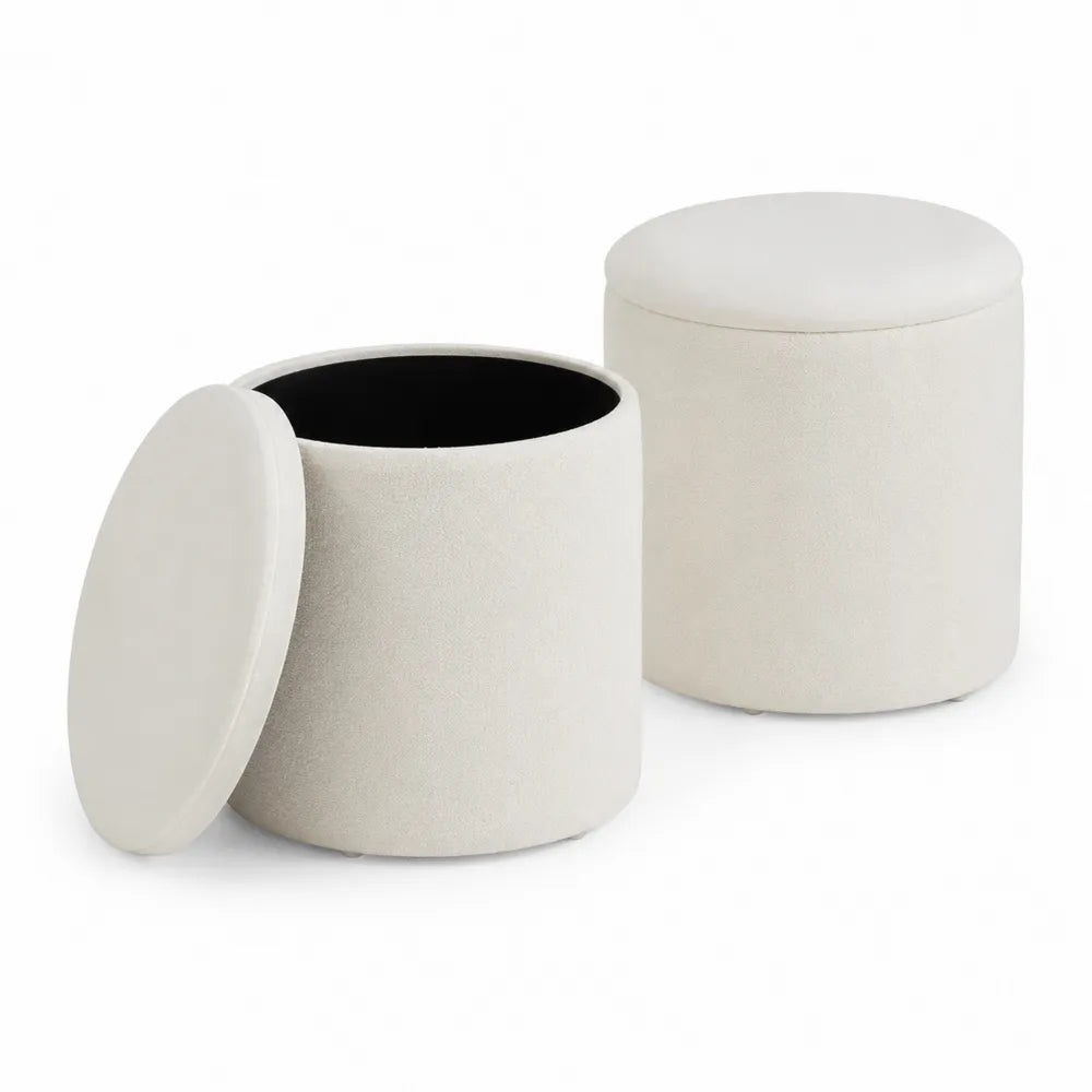 Set di 2 Puff Cilindrici in Tessuto Crema
