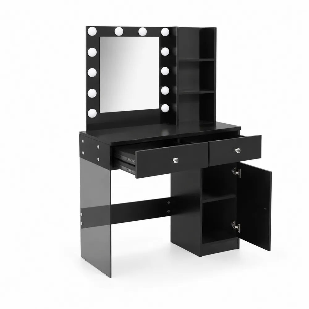 Toletta in MDF Nera con Specchio e Luci LED, 2 Cassetti e Armadietto
