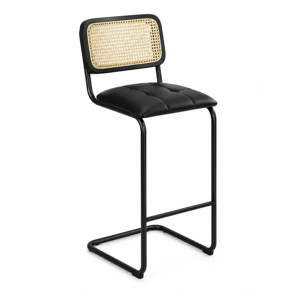 Sgabello in Metallo Nero con Schienale in Rattan