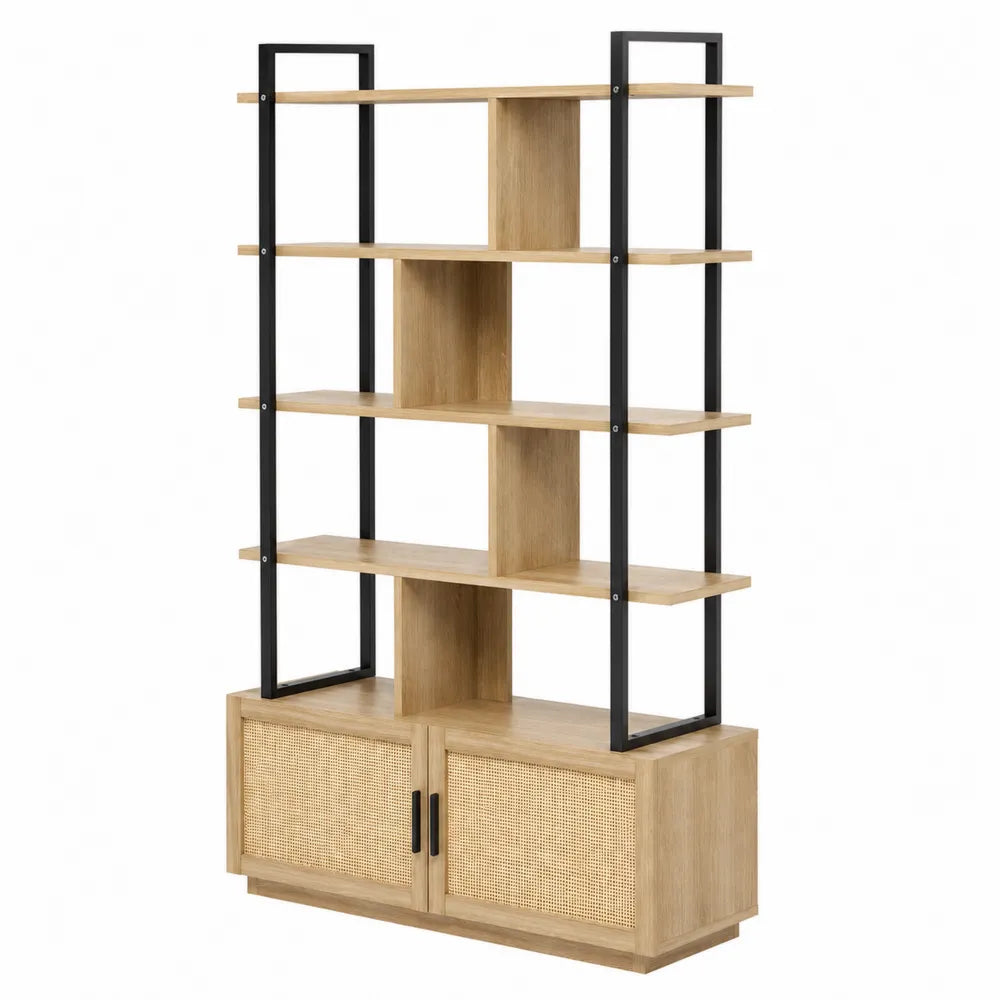 Libreria in Legno e Metallo con Ante in Rattan