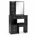 Toeletta in Legno con Specchio e Sgabello in MDF Nero