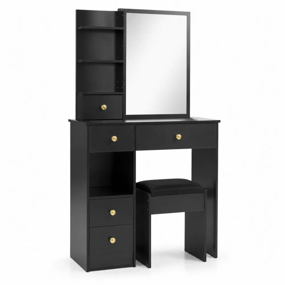 Toeletta in Legno con Specchio e Sgabello in MDF Nero