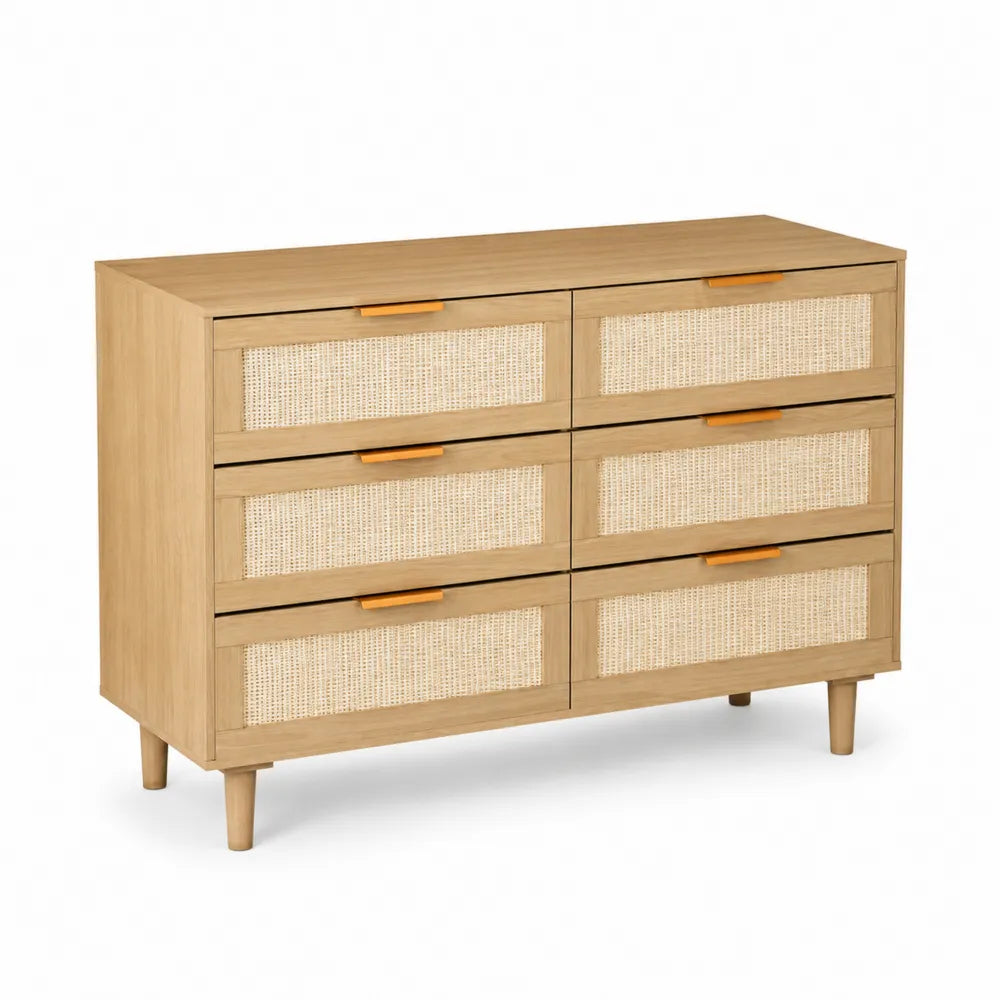 Cassettiere in Legno e Rattan a Sei Cassetti