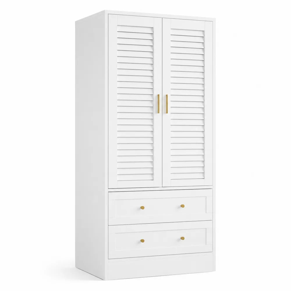 Armadio guardaroba bianco con ante a persiana in legno e maniglie in metallo 80x180x50 cm
